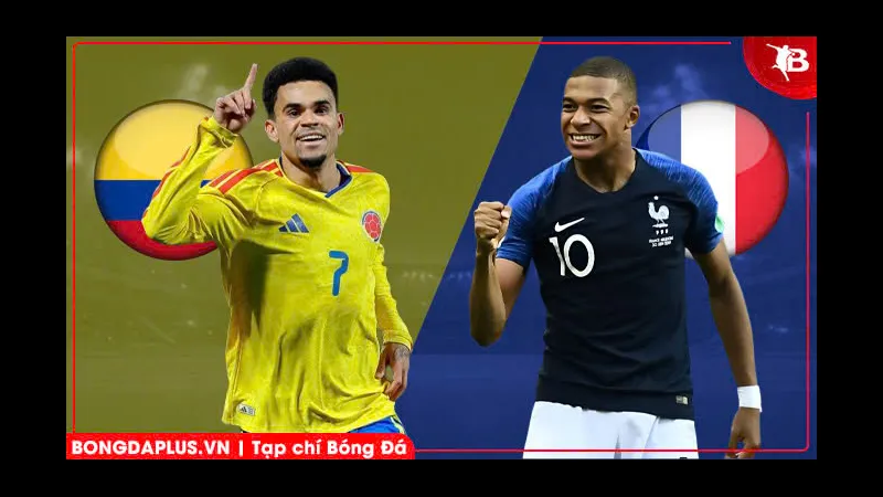 Cầu thủ Colombia và Pháp tranh chấp quả bóng trên sân cỏ Cầu thủ Colombia và Pháp tranh chấp quả bóng trên sân cỏ